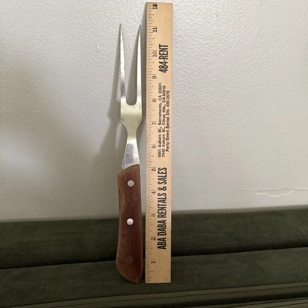 Solid Stainless Rogers Vintage Mid Century Meat Carving Fork Wood‎ Handle Japan